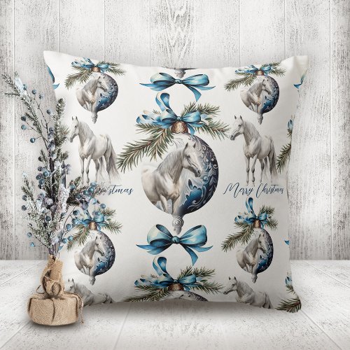 Elegant blue Christmas white horse pattern Throw Pillow