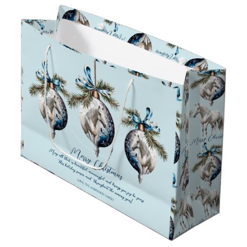 Elegant blue Christmas white horse quote Large Gift Bag