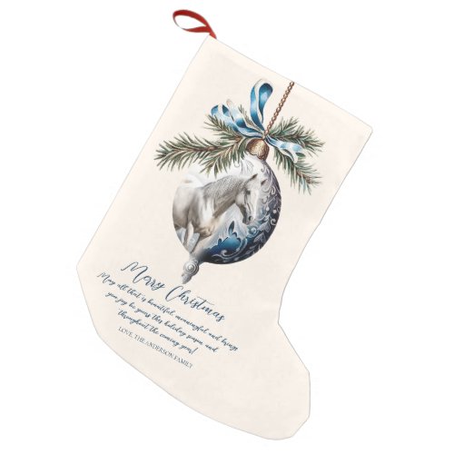 Elegant blue Christmas white horse quote Small Christmas Stocking