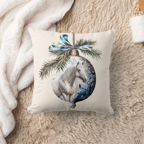 Elegant blue Christmas white horse quote Throw Pillow