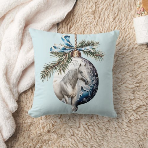 Elegant blue Christmas white horse quote Throw Pillow