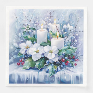 Elegant Blue Christmas White Poinsettia Candles Paper Dinner Napkins