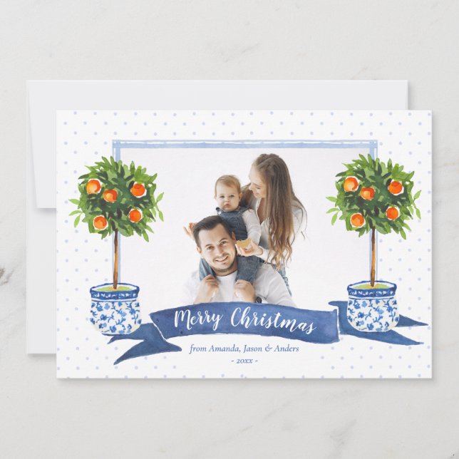 Elegant Blue Citrus Chinoiserie Christmas Photo Holiday Card (Front)