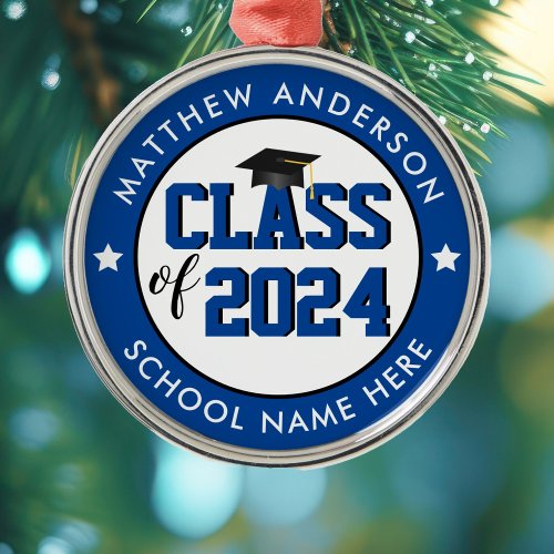 Elegant Blue Class of 2024 Graduate Graduation Metal Ornament