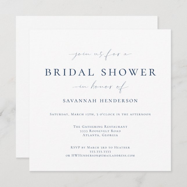 Elegant Blue Classic Bridal Shower Invitation (Front/Back)