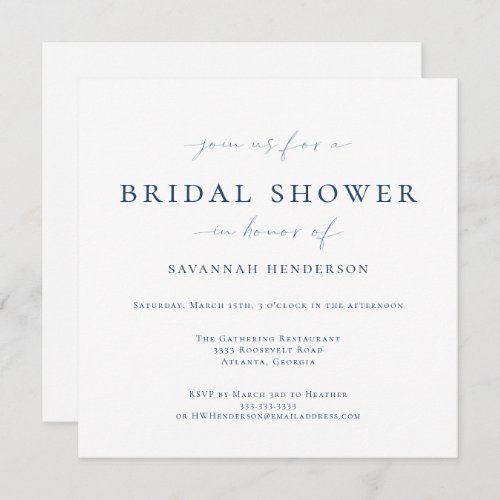 Elegant Blue Classic Bridal Shower Invitation