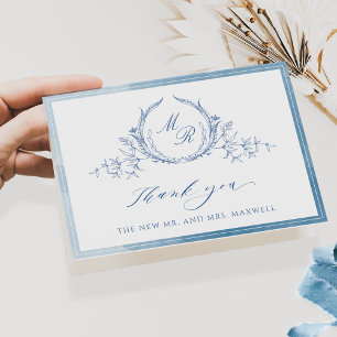 Elegant Blue Classic Monogram, Watercolor Wedding Thank You Card