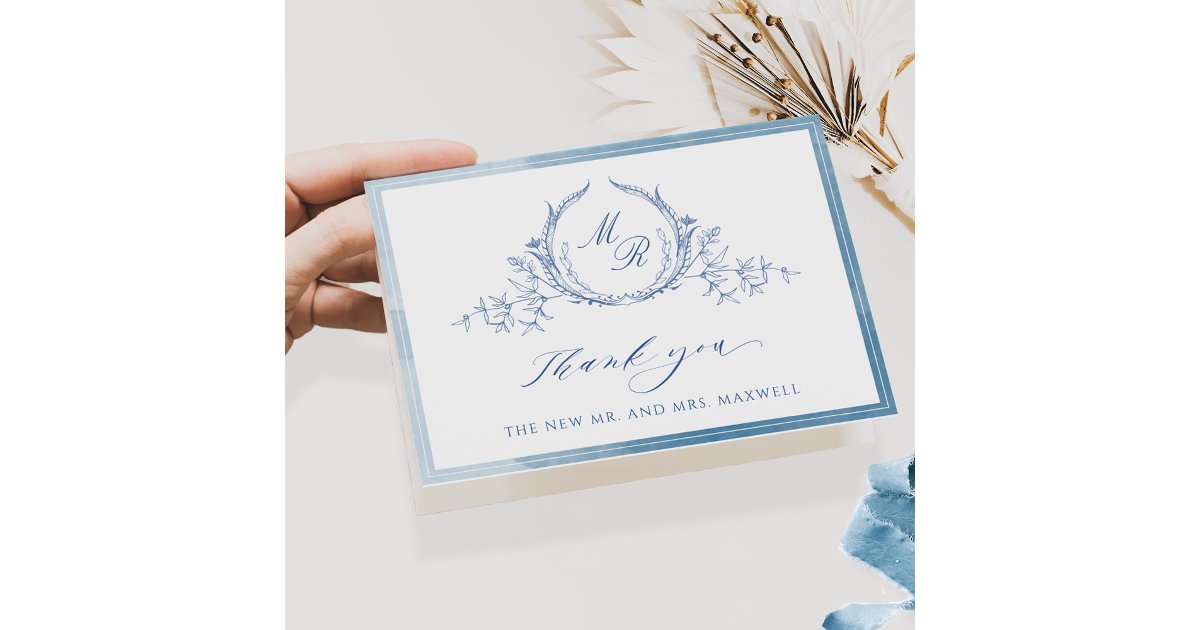 Elegant Blue Classic Monogram, Watercolor Wedding Thank You Card | Zazzle