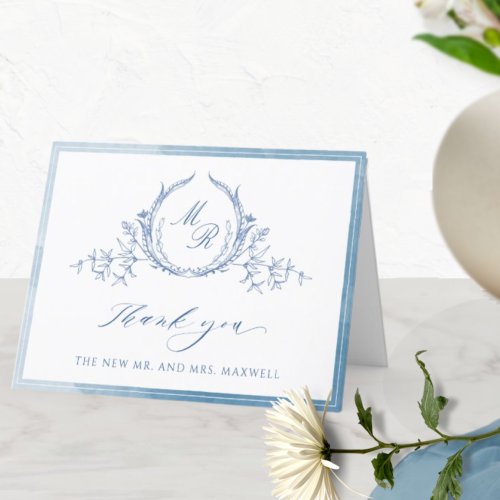Elegant Blue Classic Monogram Watercolor Wedding Thank You Card