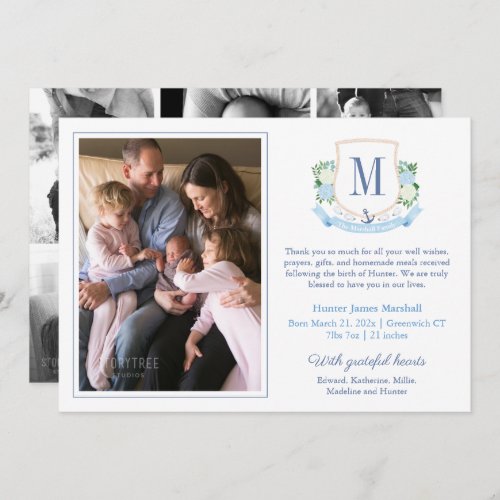 Elegant Blue Coastal Monogram 6 Photos Baby Birth Announcement