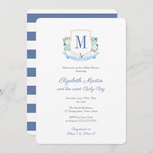 Elegant Blue Coastal Monogram Baby Shower For Boy Invitation