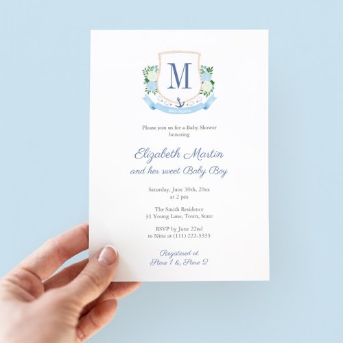 Elegant Blue Coastal Monogram Baby Shower For Boy Invitation