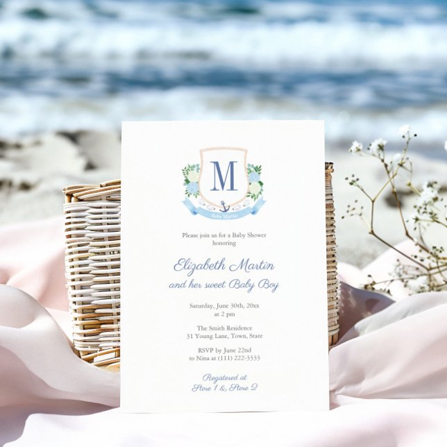 Elegant Blue Coastal Monogram Baby Shower For Boy Invitation (Coastal Monogram baby shower invitation for boy)