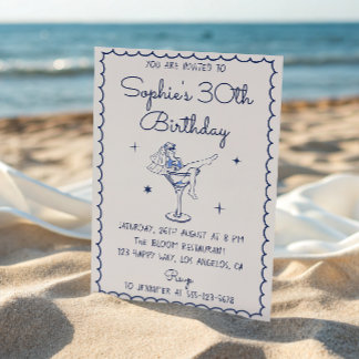 Elegant Blue Cocktail Martini Glass 30th Birthday Invitation