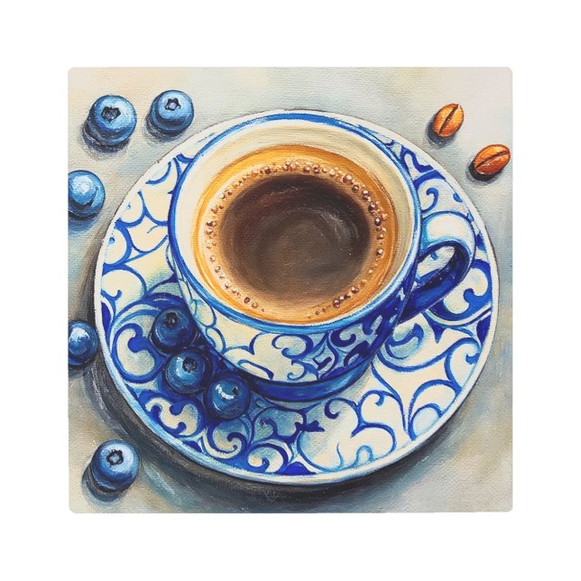 Elegant Blue Coffee Cup with Blueberries – Realist Metal Print (Front)