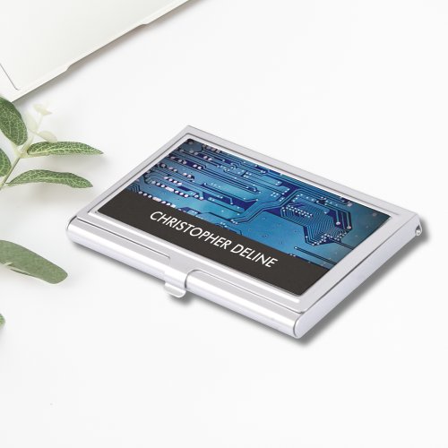 Elegant Blue Computer Circuit Board HighTech Business Card Holder