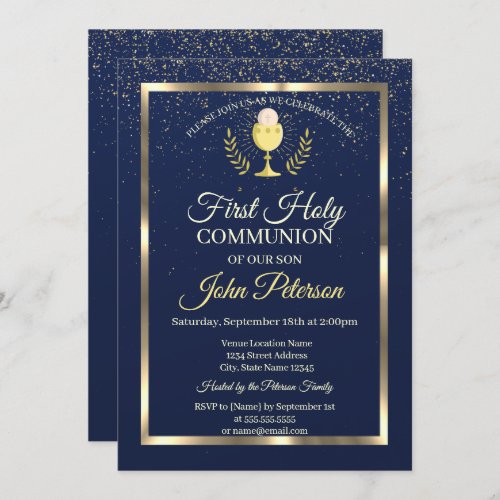 Elegant Blue Confetti First Holy Communion Invitation