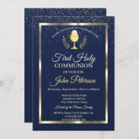 Elegant Blue Confetti First Holy Communion Invitation