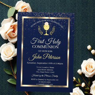 Elegant Blue Confetti First Holy Communion Invitation