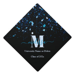 Elegant Blue confetti Monogram graduate name Graduation Cap Topper