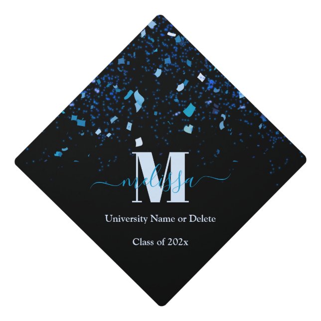 Elegant Blue confetti Monogram graduate name Graduation Cap Topper (Front)