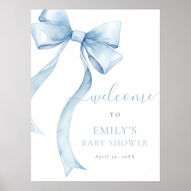 Elegant Blue Coquette Bow Boy Baby Shower Welcome Poster (Front)