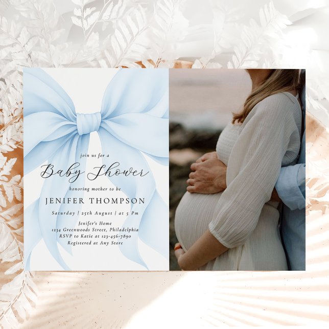 Elegant Blue Coquette Bow Girl Baby Shower Photo Invitation (Creator Uploaded)