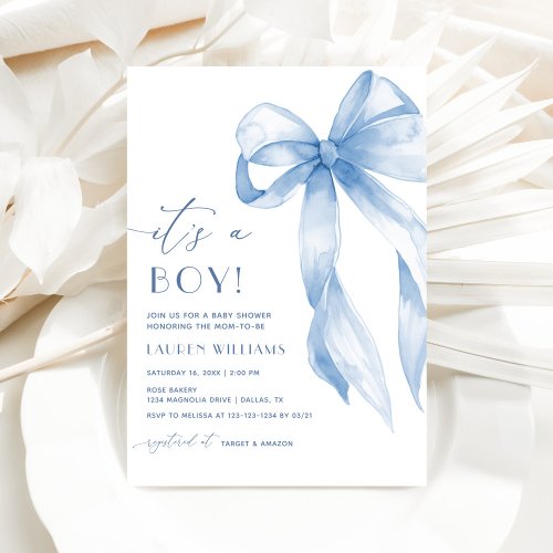 Elegant Blue Coquette Bow Its A Boy Baby Shower