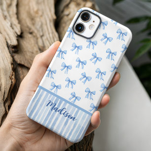 Elegant blue coquette bow striped toile monogram iPhone 16 Pro Case