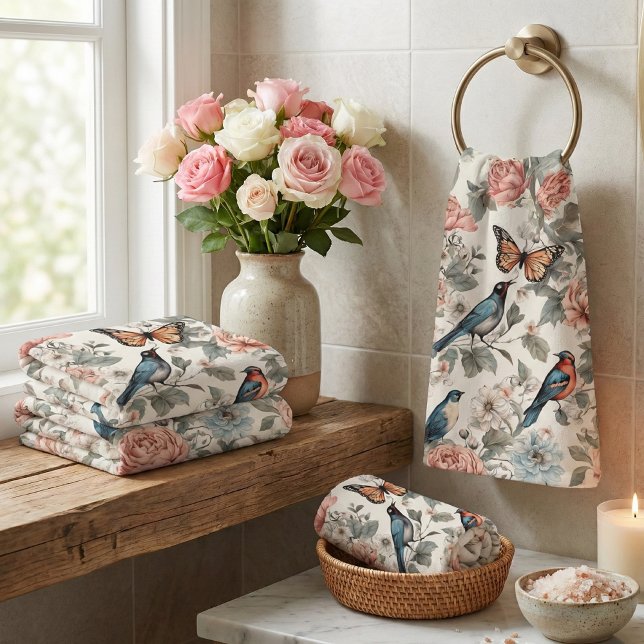 Elegant Blue & Coral Birds Floral Bath Towel Set (Creator Uploaded)