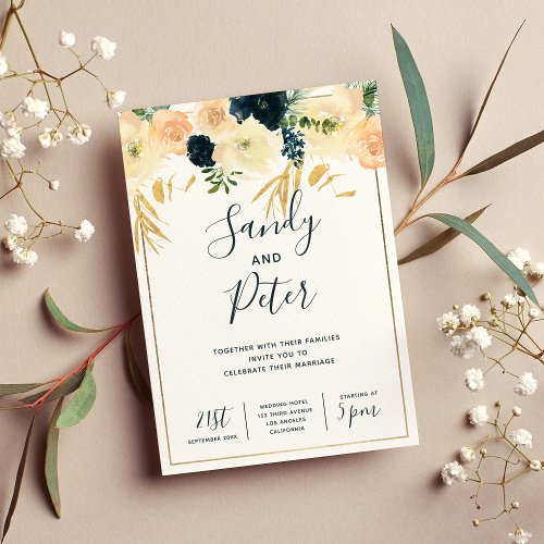 Elegant blue coral gold calligraphy floral wedding invitation