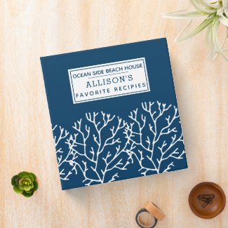Elegant Blue Coral Pattern - Beach House Recipes 3 Ring Binder