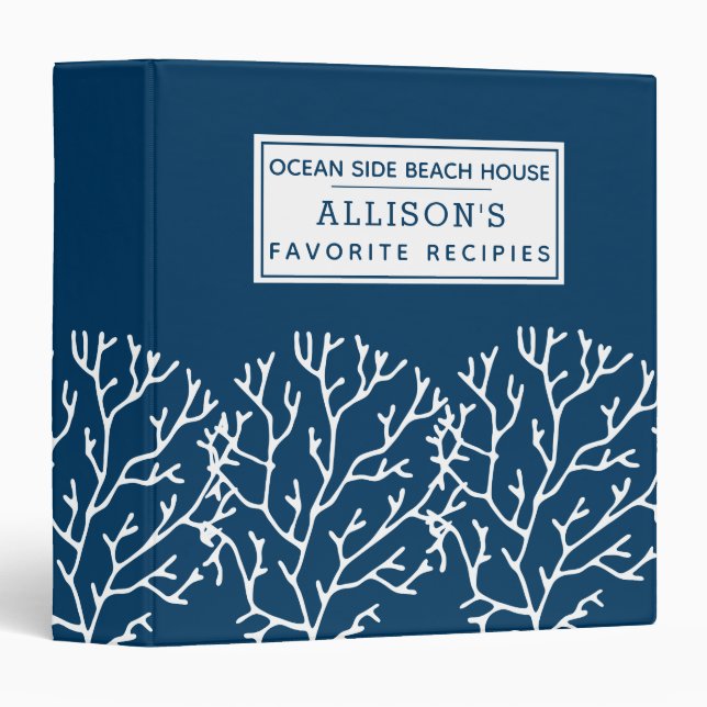 Elegant Blue Coral Pattern - Beach House Recipes 3 Ring Binder (Front/Spine)