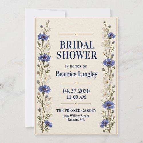 Elegant Blue Cornflower Herbarium Bridal Shower In Invitation