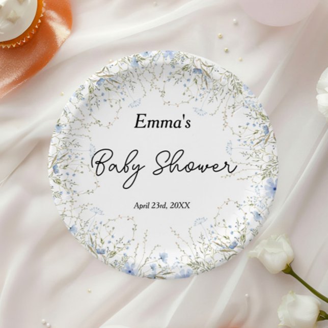 Elegant Blue Cornflower Wildflower Baby Shower Paper Plates (Creator Uploaded)