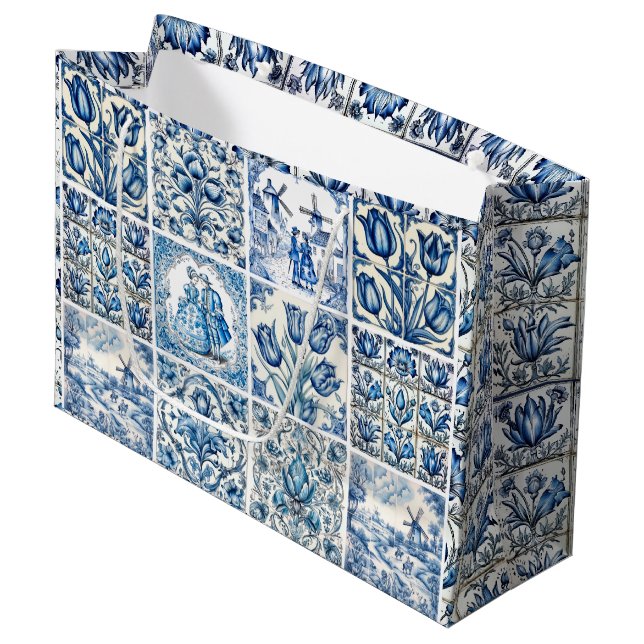 Elegant Blue country floral toile Large Gift Bag (Front Angled)