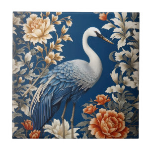 Elegant Blue Crane William Morris Inspired Ceramic Tile