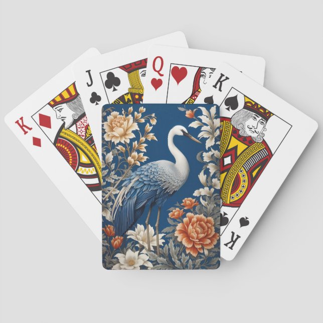 Elegant Blue Crane William Morris Inspired Poker Cards (Back)