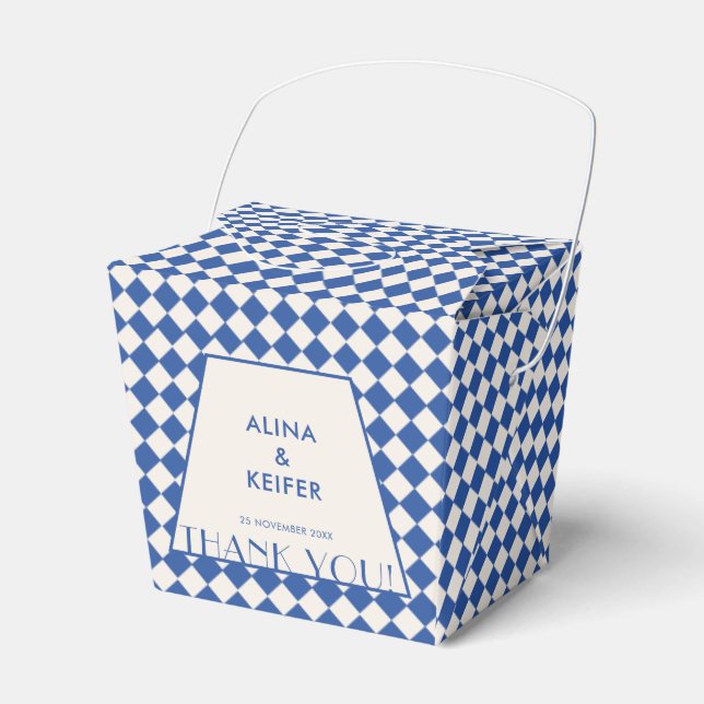 Elegant Blue & Cream Checkered Wedding  Favor Boxes (Front Side)