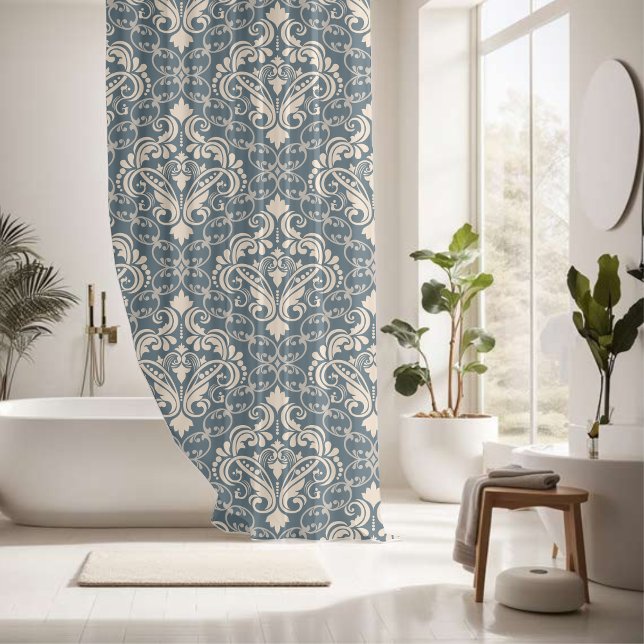 Elegant Blue Cream Damask Shower Curtain (Creator Uploaded)