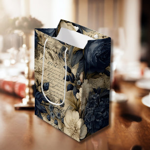 Elegant Blue Cream Floral Pattern Medium Gift Bag