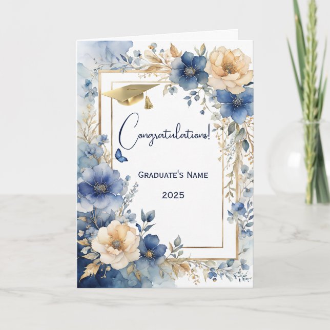 Elegant Blue Cream Floral Personalized Graduation Card (Front)