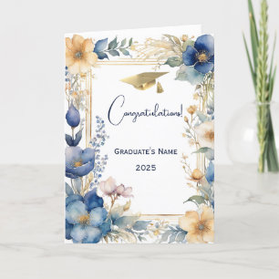 Elegant Blue Cream Flowers Personalized Graduation Card