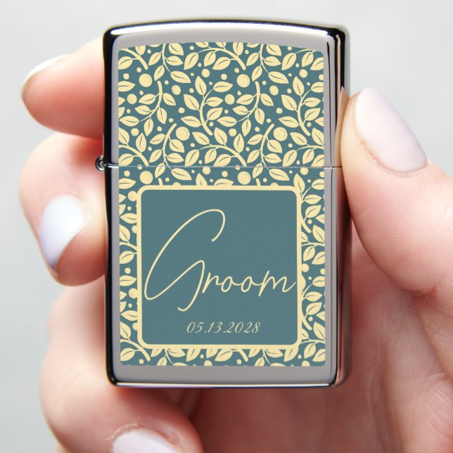 Elegant Blue & Cream Leaf Groom Zippo Lighter (In Hand)