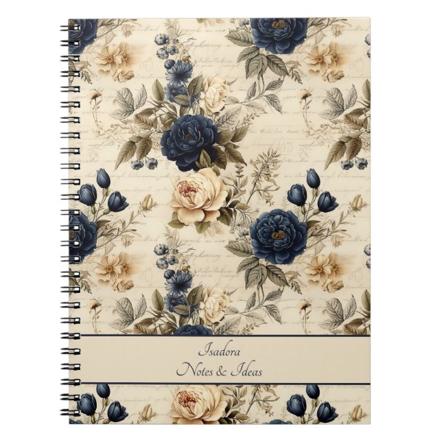 Elegant Blue Cream Roses Floral Pattern Notebook (Front)