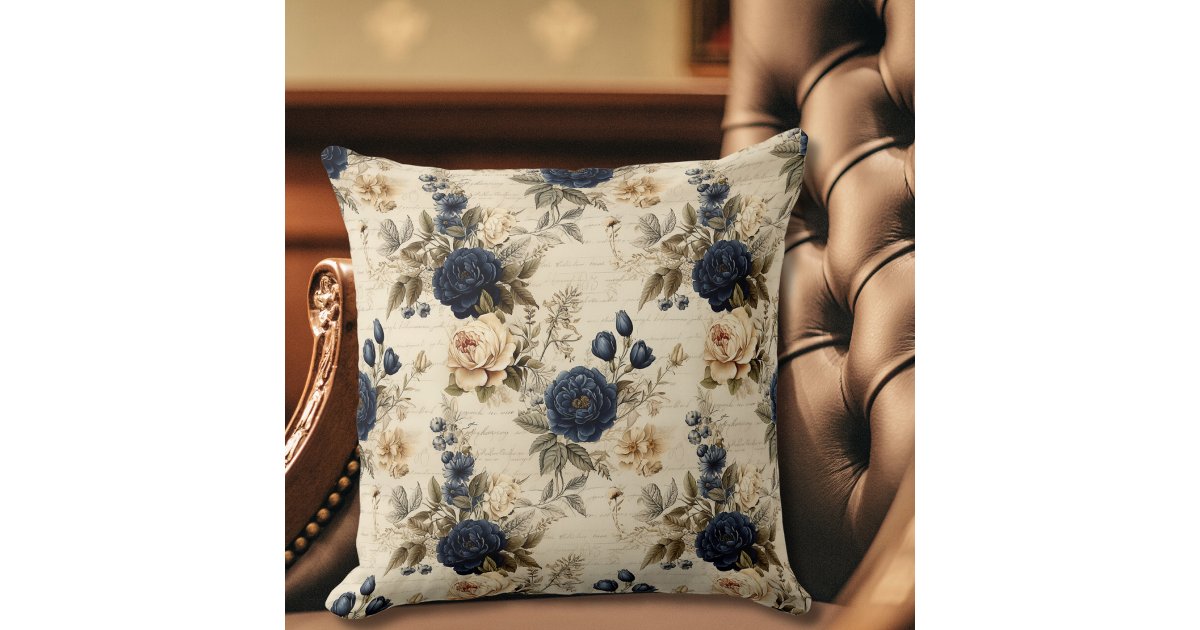 Elegant Blue Cream Roses Floral Pattern Throw Pillow | Zazzle