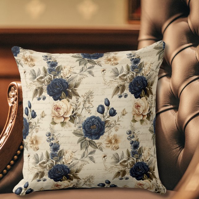 Elegant Blue Cream Roses Floral Pattern Throw Pillow (Creator Uploaded)