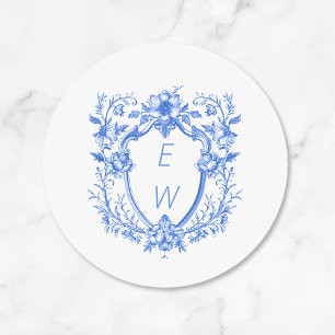 Elegant Blue Crest Monogram Wedding Classic Round Sticker