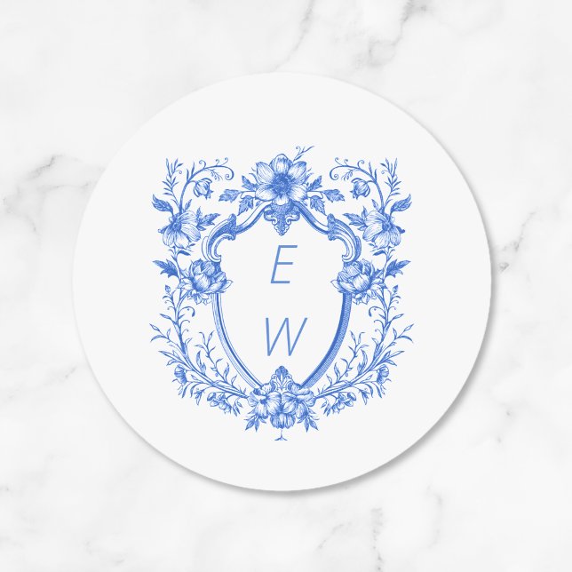 Elegant Blue Crest Monogram Wedding Classic Round Sticker (Elegant Blue Crest Monogram Wedding Classic Round Stickers)