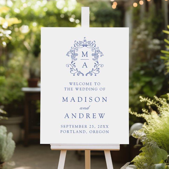 Elegant Blue Crest Monogram Wedding Welcome Foam Board (Creator Uploaded)